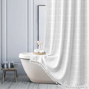Farmhouse White Extra Long Shower Curtain-Boho Modern Linen Fabric Shower 72x96
